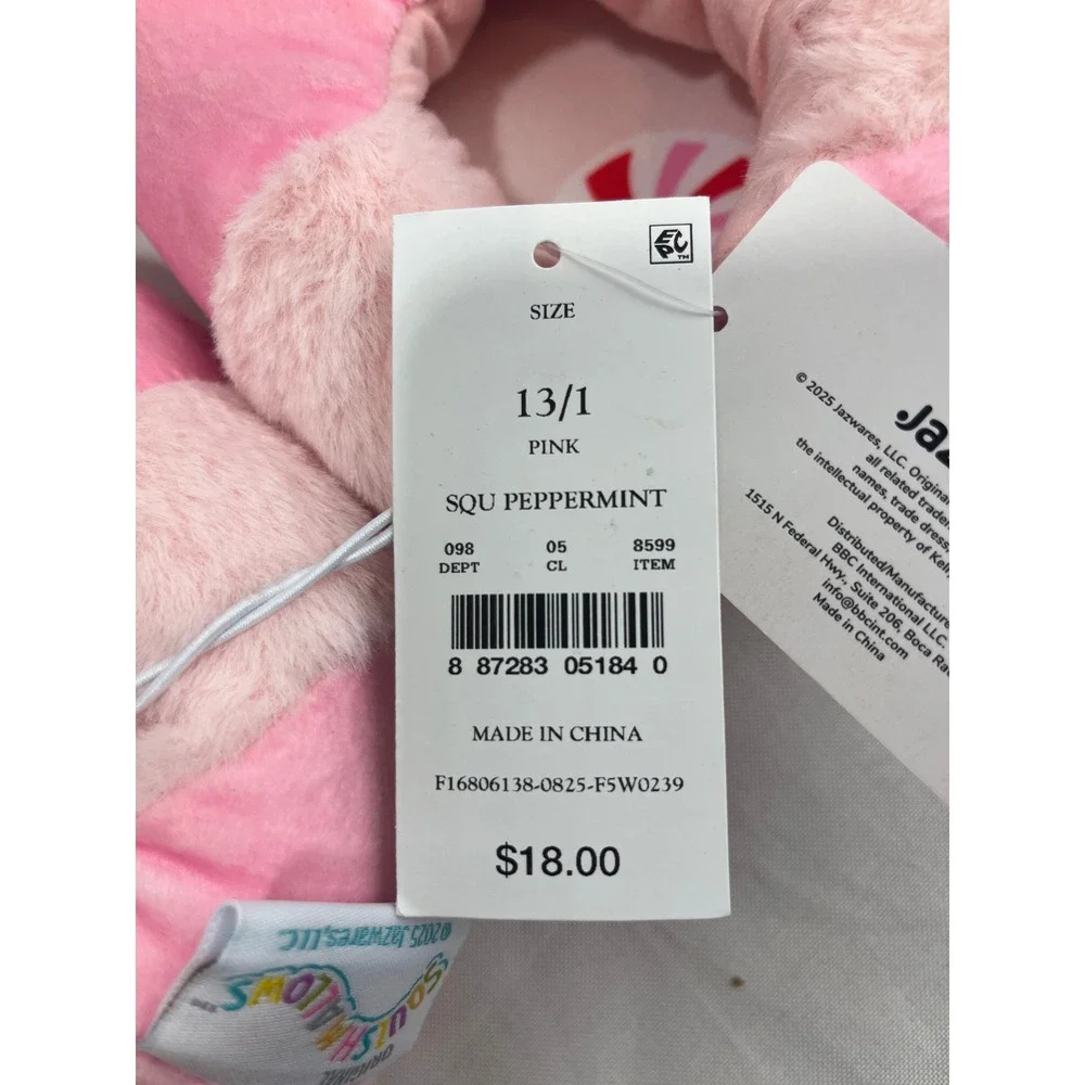 Squishmallows Peppermint Hot Cocoa Pink Plush Slippers Kids Size 13/1 Holiday